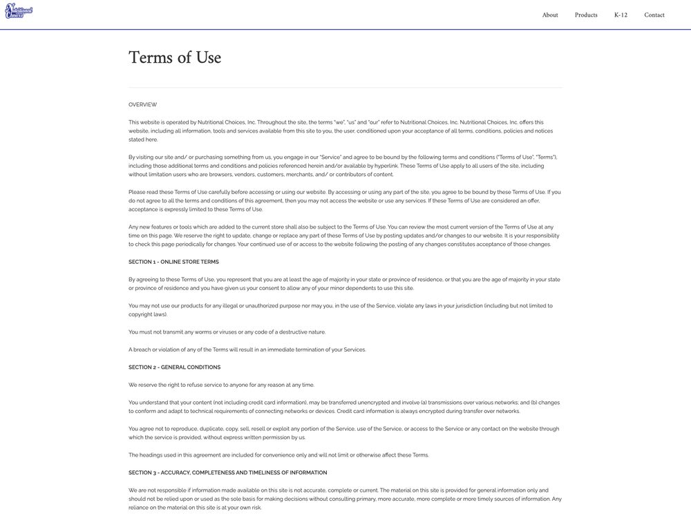 Terms of Use page, desktop