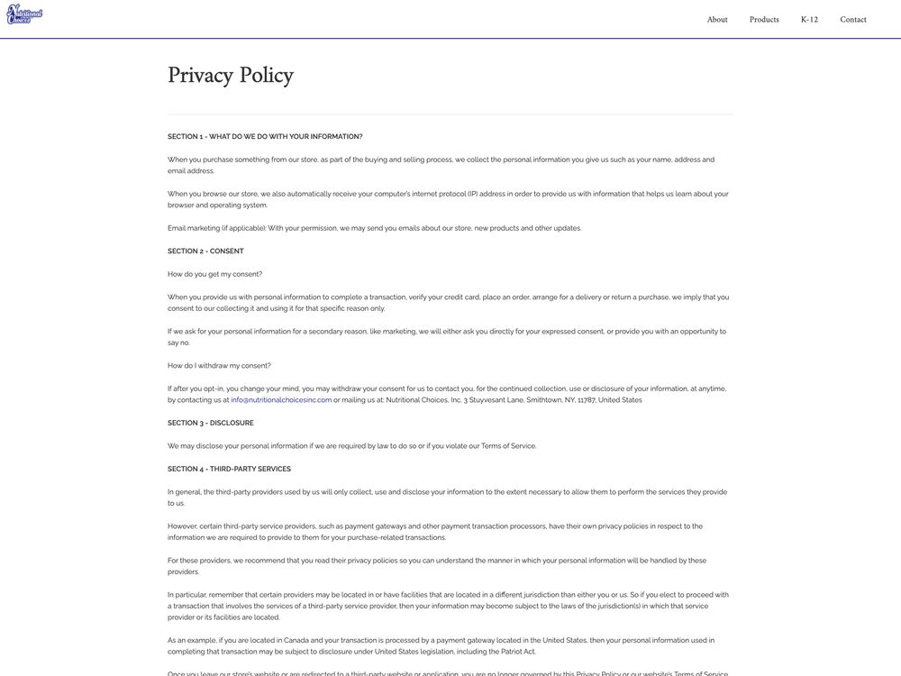 Privacy Policy page, desktop